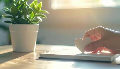 Hand Placing Wooden Heart on Notebook — Kindness, Charity and Self-Care in Sunlit Home Office