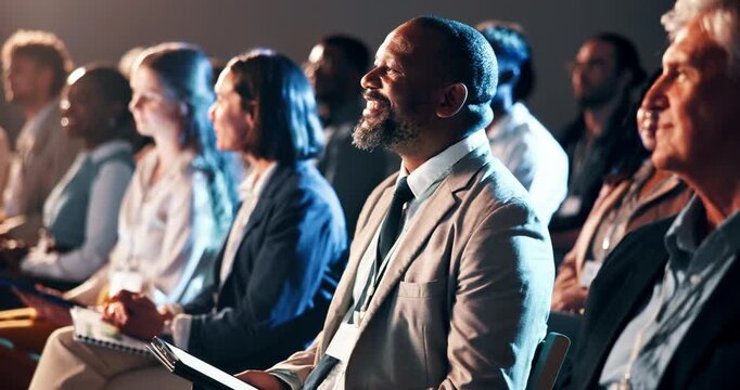 Audience, tablet and question with business man in auditorium for development seminar. App, mature person and talking with group of employee people in convention center crowd for corporate tradeshow