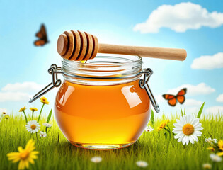 Glass jar of golden honey with a wooden dipper in a sunny meadow with butterflies isolated on white background isolated on transparent background