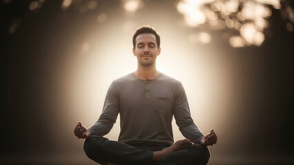 A man meditates with eyes closed in a serene outdoor setting, emanating peace and tranquility