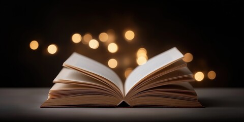 Open book with glowing lights in background creating magical ambience