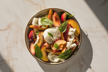 Salad with Caramelized Peaches, Burrata, Pecans, Thyme, and Honey