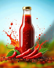 Red chili sauce bottle with peppers and splashes isolated on white background isolated on transparent background