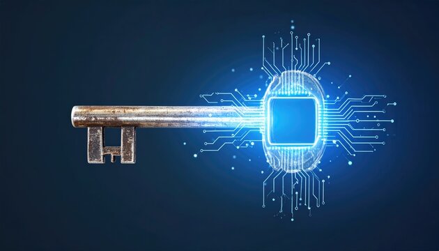 Old key transforming into digital chip in mid-air, transition from analog to digital, glowing effect 
