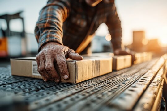 Man's weathered hands moving cardboard boxes along a production line with golden light.
