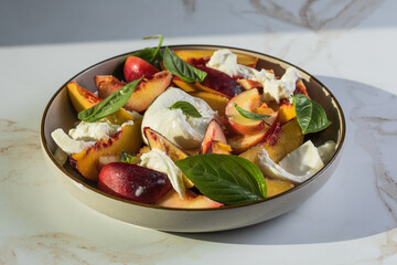 Salad with Caramelized Peaches, Burrata, Pecans, Thyme, and Honey