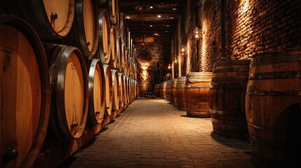 Atmospheric image of wine barrels in cozy cellar with soft golden lighting and textured brick walls, evoking heritage and artisanal production. Suitable for vineyard branding, culinary projects