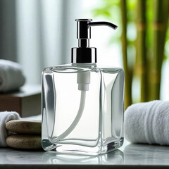 Clear glass soap dispenser with black pump isolated on white background isolated on transparent background