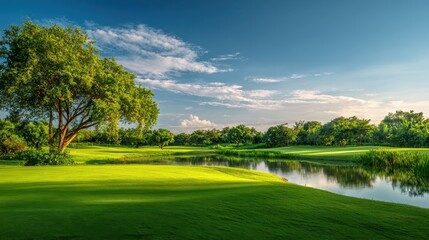 Obraz premium Lush green golf course landscape with serene water and blue sky in late afternoon sunlight
