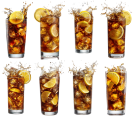 Invigorating dark iced beverages with energetic splashes, glistening ice, and bright lemon slices, ideal for cool summer drink promotions