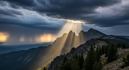 Dramatic sunbeams pierce stormy skies over rugged mountain peaks