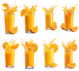 Eight vibrant glasses of refreshing orange juice, with dynamic splashes and fresh citrus slices, a healthy and energizing drink display