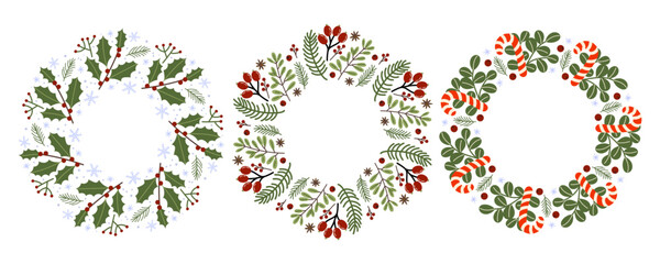 Decorative holiday wreaths featuring seasonal plants and cheerful colors for festive celebrations