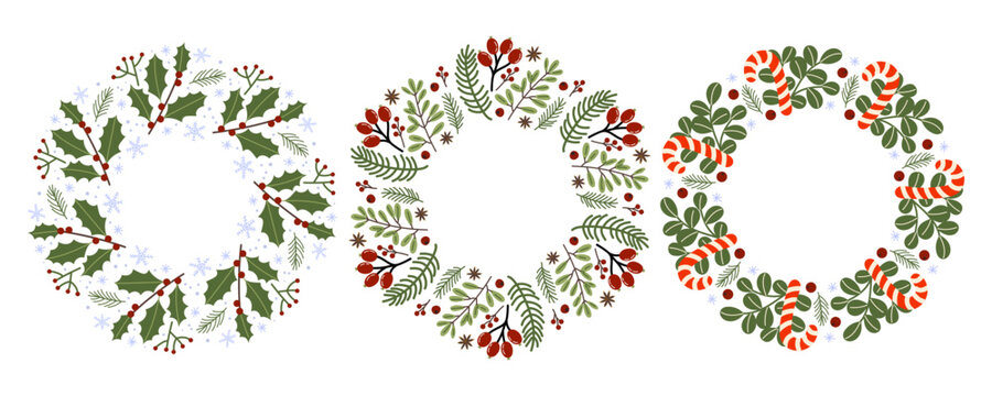 Decorative holiday wreaths featuring seasonal plants and cheerful colors for festive celebrations