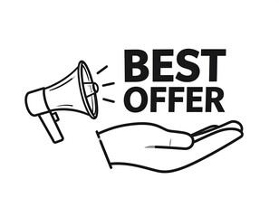 Hand holding megaphone with "Best Offer" text. Illustration promoting deal, sale, or discount for business promotion. Image shows black and white outline