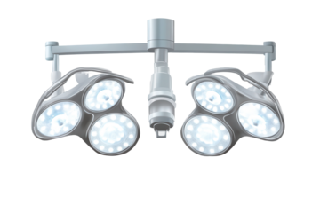 Bright surgical lamp suspended over an operating table designed to provide optimal lighting during medical procedures in a hospital setting