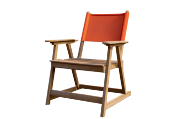 Elegant lifeguard chair with orange fabric seat standing alone on a transparent background for beach and pool settings