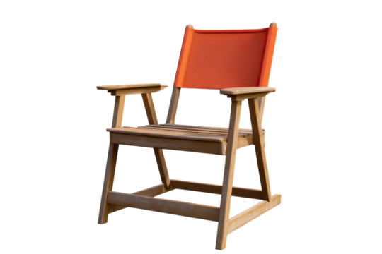 Elegant lifeguard chair with orange fabric seat standing alone on a transparent background for beach and pool settings