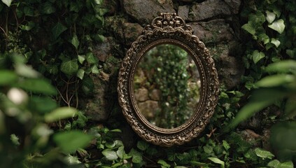 Ornate mirror framed by lush greenery