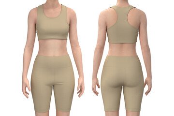 Seamless women’s yoga set mockup. Racerback crop top and short leggings workout outfit, front and back view