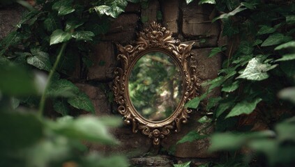 Ornate gold-framed mirror nestled in stone wall overgrown with greenery