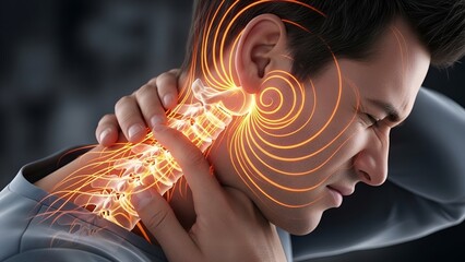 A man experiencing neck pain, the affected area highlighted with an energy wave graphic