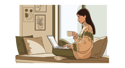 Obraz premium Woman Enjoying Coffee and Working on Laptop in Relaxed and Cozy Home Environment