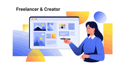Woman Freelancer Presenting Creative Content On Digital Screen Interface Concepts