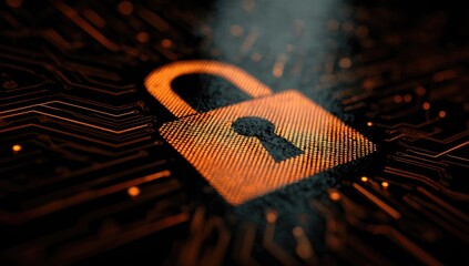 A glowing orange padlock icon on a circuit board, smoke and particles surrounding it