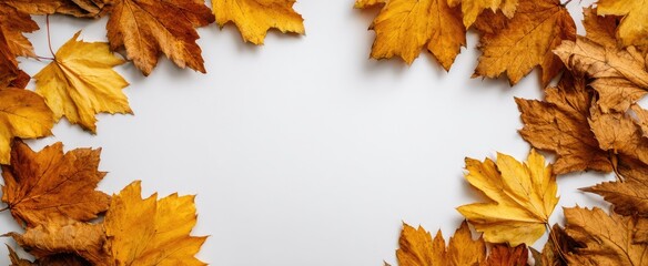 Autumn leaves arranged in a frame on a white background