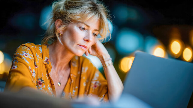 Focused mature woman with glasses working on laptop, representing concentration, online learning, and remote work