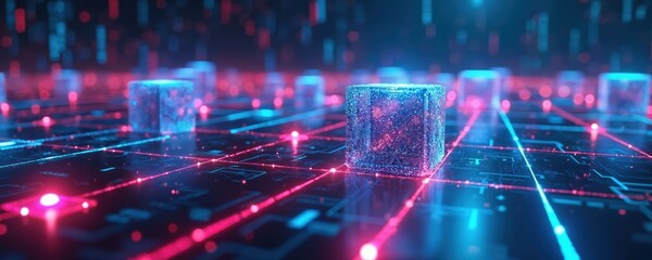 Digital abstract cubes network grid with glowing blue and red lines. Futuristic technology background represents data flow and cyber connections. Complex geometric shapes create science fiction theme.