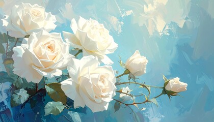 Impressionistic Painting White Roses Against
