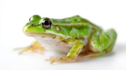 Obraz premium Small green frog resting on a white surface with clear features and bright colors