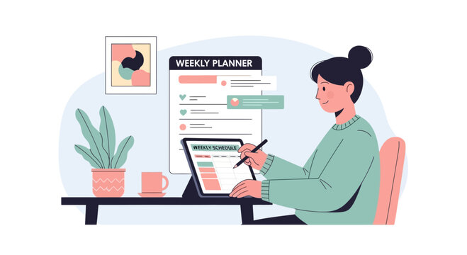 Woman Organizes With Tablet And Planner For Scheduling And Planning Her Weekly Activities