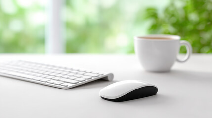 Fototapeta premium Wireless computer mouse and keyboard on white desk with coffee cup in bright office space for productivity
