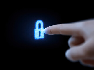 Digital hand icon hovering over lock interface symbolizing cyber security and data protection with glowing blue light