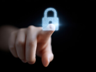 Digital hand icon hovering over lock interface symbolizing cyber security and data protection with glowing effect