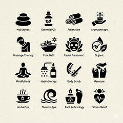 Massage and spa treatment icon set. Relaxation and wellness related line icons: therapy, care, body, and beauty.