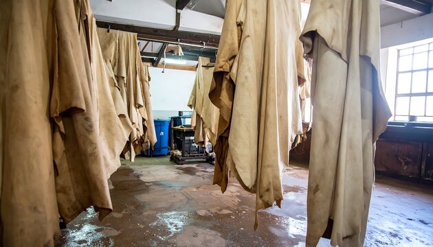 Inside a dimly lit workshop, tanned animal hides hang, drying. Sunlight streams from a window. An industrial setting showcases textures and shadows