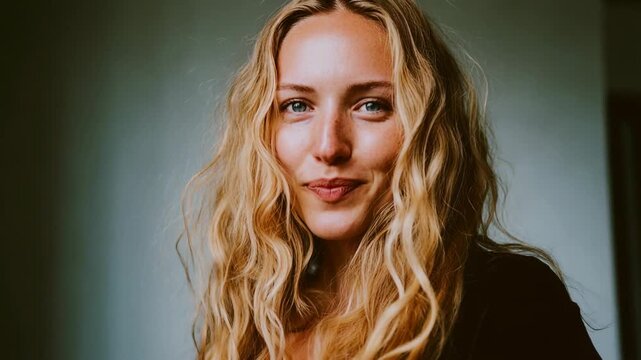 Natural light studio portrait of blonde woman with easy smile, authentic confidence, wellbeing and modern minimal beauty ideal for skincare or lifestyle themes &mdash; cinematic stock video in authentic sty