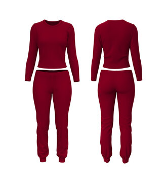 Realistic 3D mockup of women&rsquo;s long sleeve training top and jogger sweatpants set. Front and back view athletic apparel template