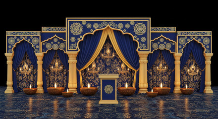 Luxurious blue and gold stage with ornate arches, intricate patterns, hanging lanterns, and traditional oil lamps, creating festive, elegant, and cultural atmosphere for celebration