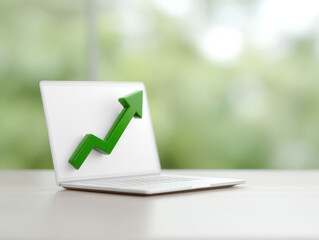 Open laptop showing rising green arrow symbolizing growth and success on blurred natural background