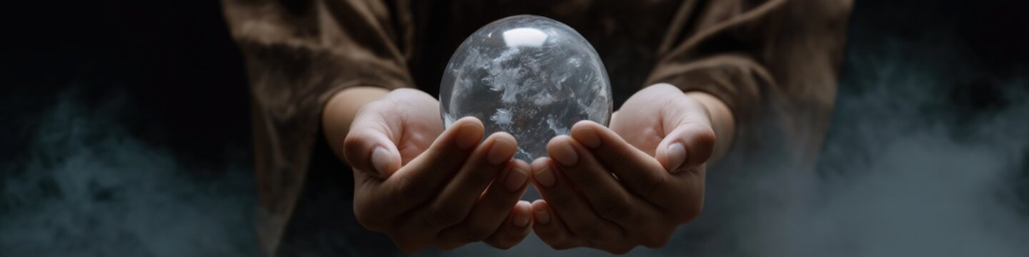 Mysterious hands holding crystal ball amidst smoke