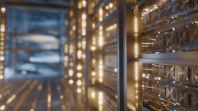 High-performance GPU mining farm with rows of illuminated video cards and cooling fans, emotion of determination and innovation visible, highlighting the energy-intensive world of blockchain