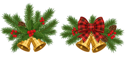 Festive Christmas bells and decorations with pine branches and holly
