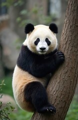 Obraz premium Young panda clings to tree trunk in green forest. Adorable bear cub looks at camera with big dark eyes, fluffy fur shows black and white patches. Cute animal rests on tree bark.