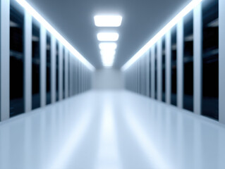 Rows of server racks with glowing lights in cool tone environment create futuristic and clean data center hallway