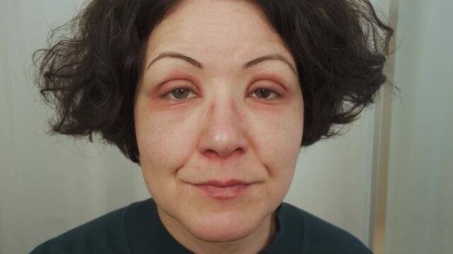 Caucasian woman showing her swollen eyes with red allergic reaction. Eczema or peeling psoriasis on face skin. Inflamed dry skin, seasonal dermatological disease. Beautiful female iris hetero chromia.
